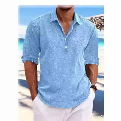 2025 Export Men's Shirt European American Style Pullover Solid Color Turn-down Collar Long Sleeve Cotton Linen Casual Shirt