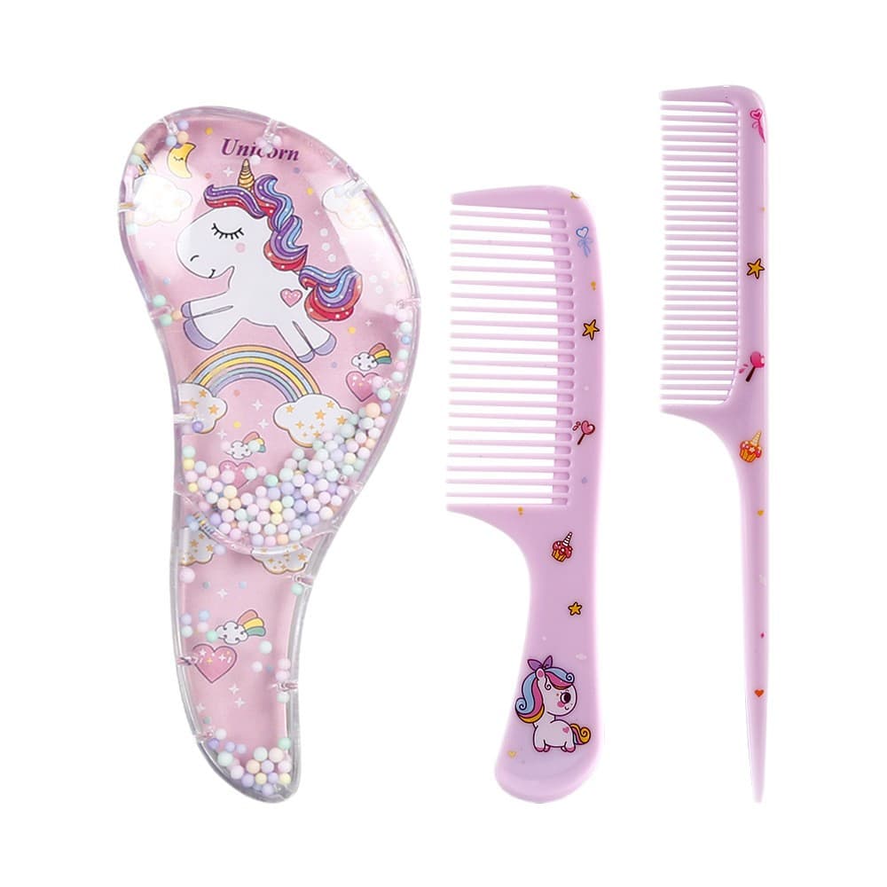Kids Comb and Hair Tie Set Cute Unicorn Styling Comb with Pointed Tail 3-Piece Portable Travel Comb