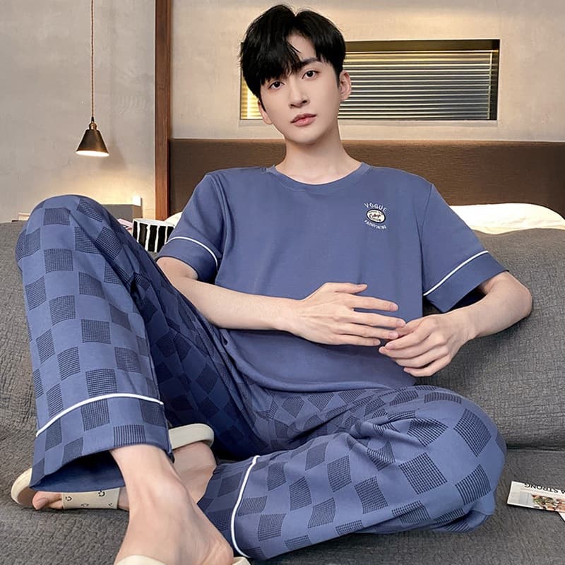 Cotton-like Pajama Set for Men Summer Thin Short Sleeve Long Pants Round Neck Plus Size Casual Simple Men's Homewear Set