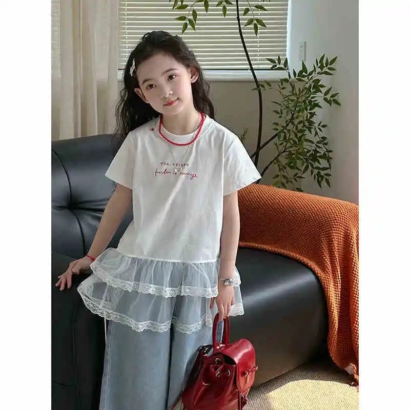 Girls T-Shirt 2026 Summer New Children Mesh Spliced Top Middle and Older Kids Korean Style Casual Short Sleeve Base Shirt