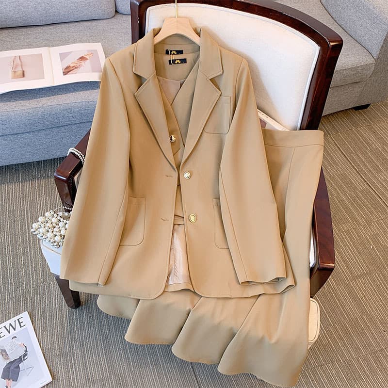 Plus-size women's suit set (3 pieces: professional casual suit jacket, vest, and skirt) for 120-350 lbs, 2024 autumn new style.