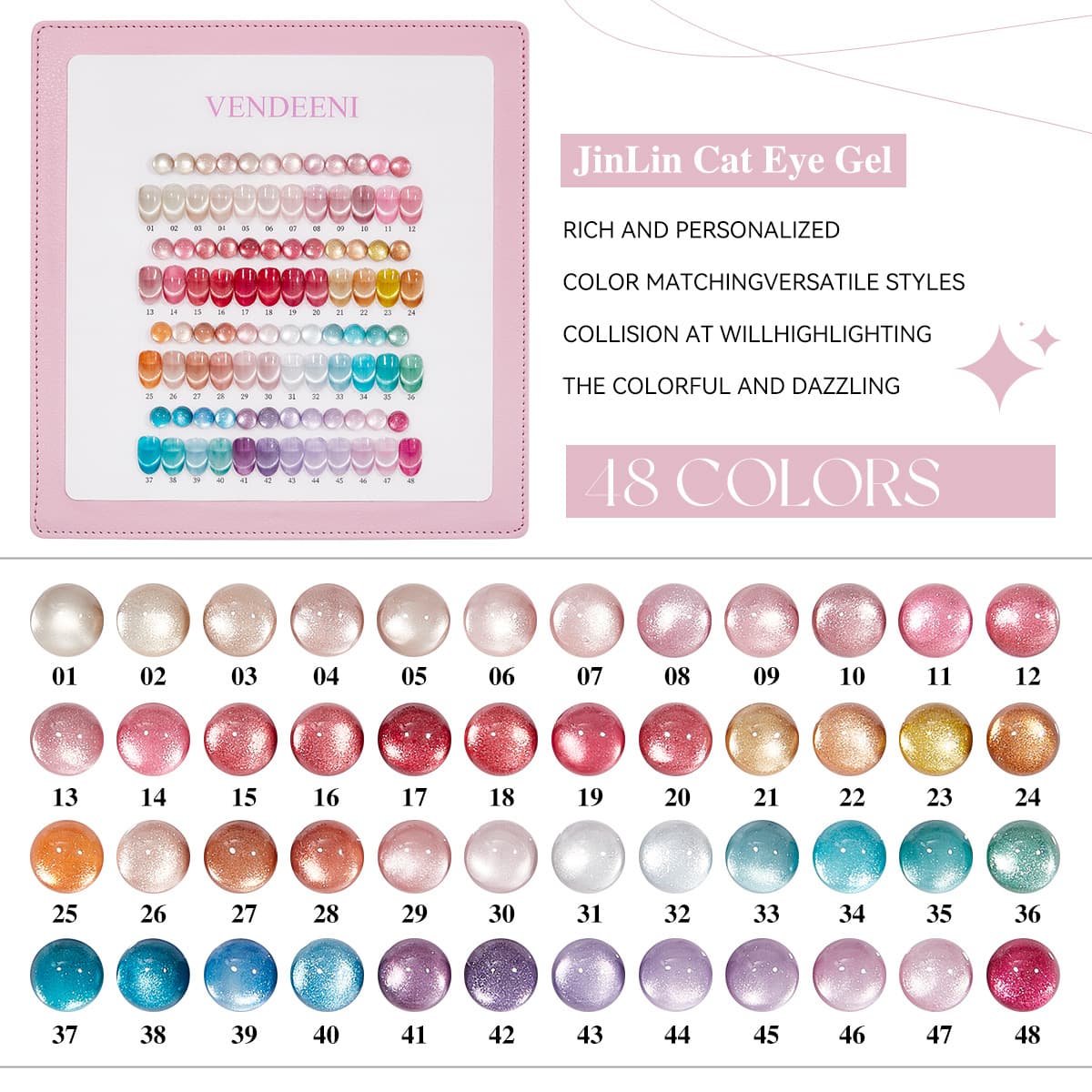 Vendeeni 48-Color Koi Cat Eye Gel Nail Polish Powder Leather Color Swatch Set Moonfall Galaxy Crystal Cat Eye Cross-Border
