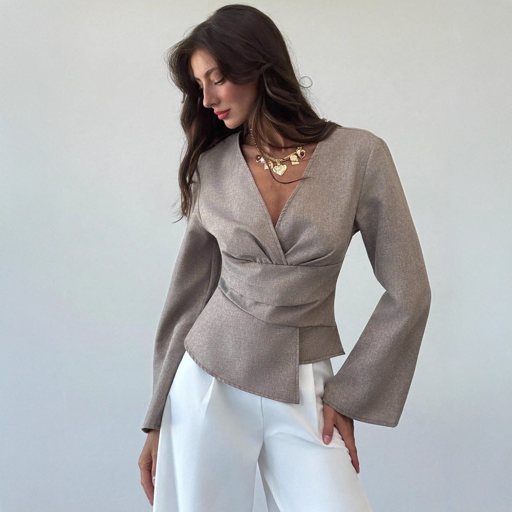 European and American irregular collar bottoming shirt, slim fit inner shirt, fashionable pleated long-sleeved top, solid color for women