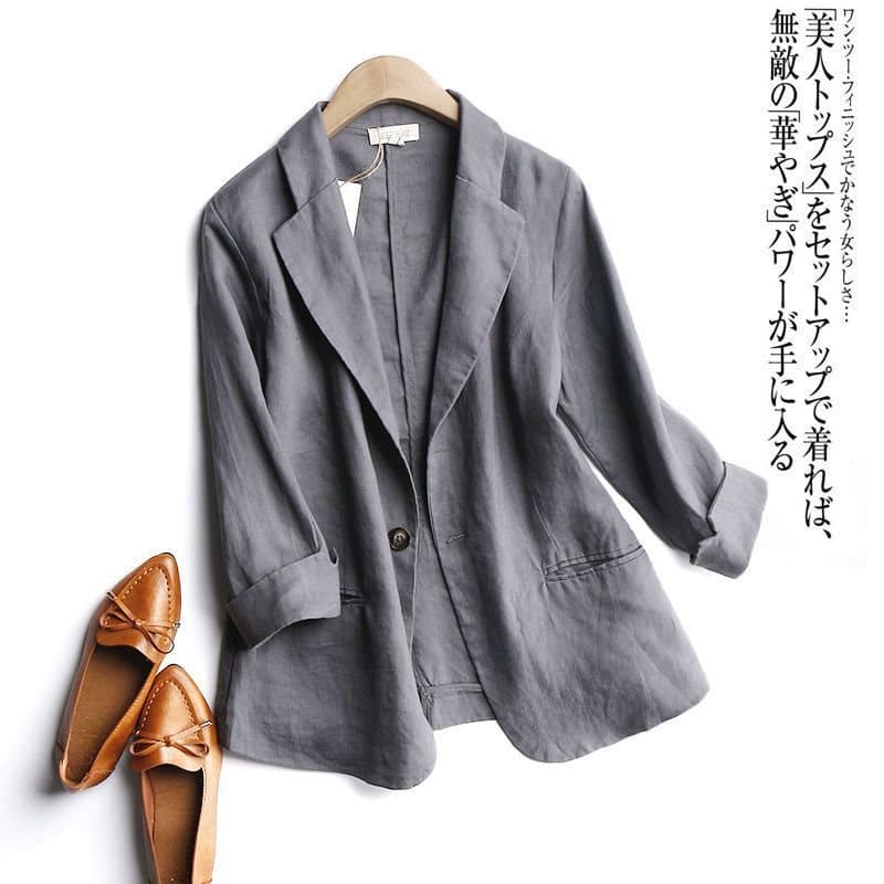 Women's 2026 Spring/Summer Thin Short Blazer, Korean Style, Fitted Linen, Plus Size, Three-Quarter Sleeve