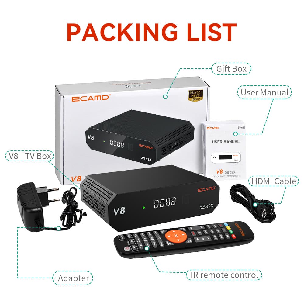 ECAMD V8 Satellite Receiver DVB-S/S/S2X 1080P Full HD HEVC