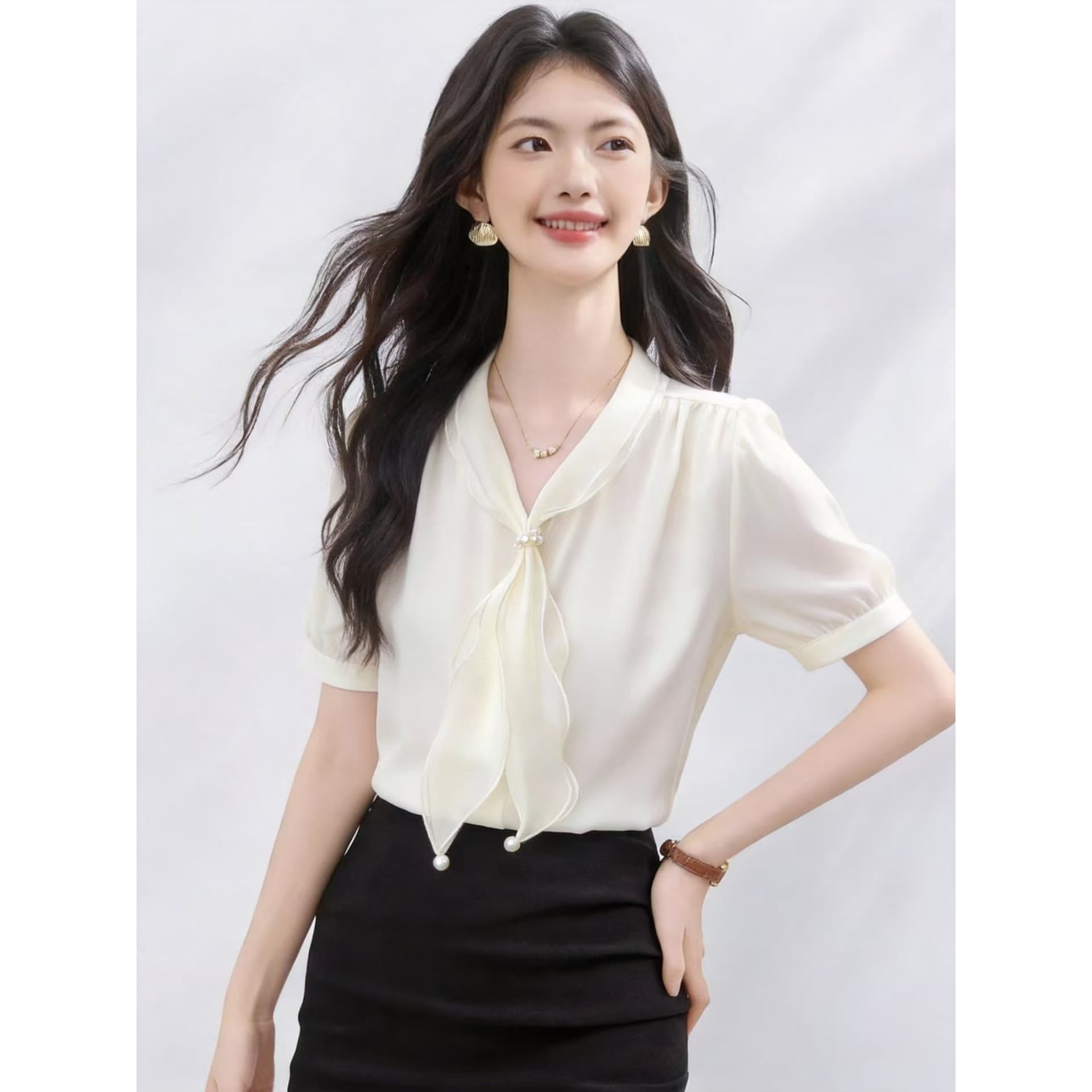 In Stock Summer New Versatile Bow Tie Short Sleeve Satin Blouse Women Top Summer Top Apricot