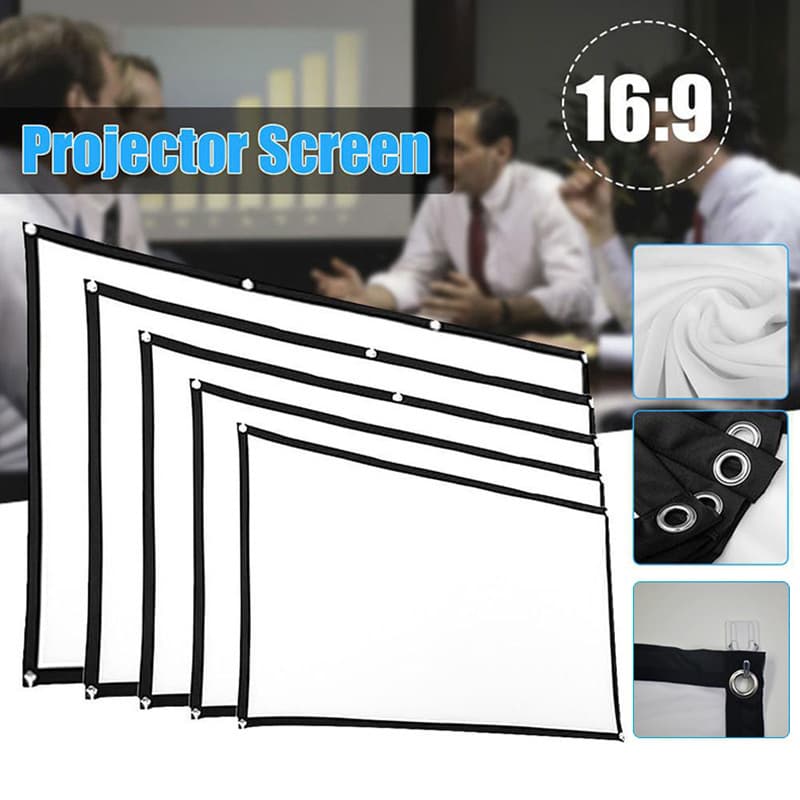 Simple and portable 16:9 projection screen, polyester folding, wrinkle-free projector for home and outdoor use.