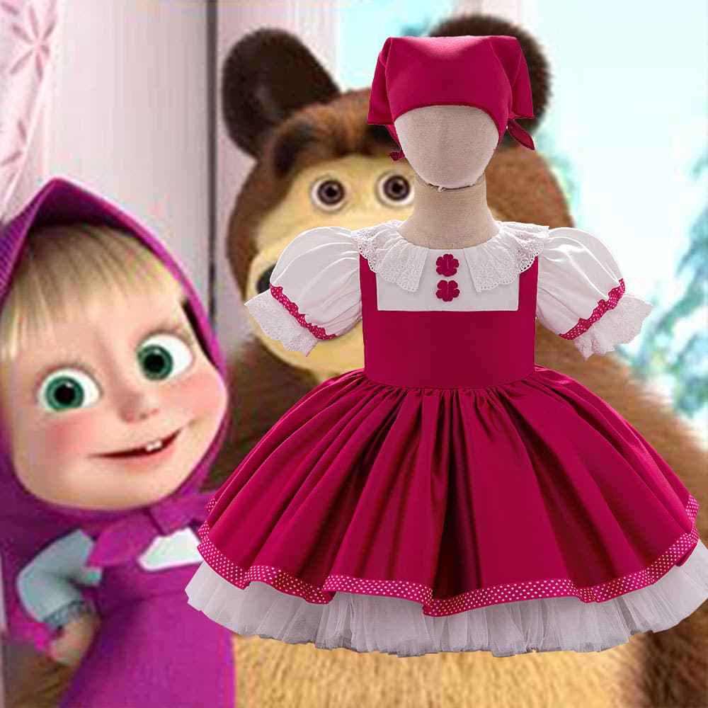 European and American New Masha and Bear Cos Dress Girls Puff Sleeve Pleated Party Dress Children's Character Coat