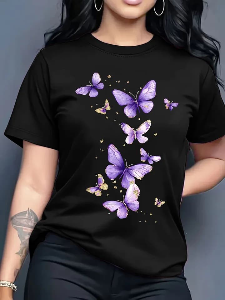 Butterfly Print T-Shirt Short Sleeve Sailor Collar Casual Top Spring Summer Women's Harajuku Short Sleeve Casual