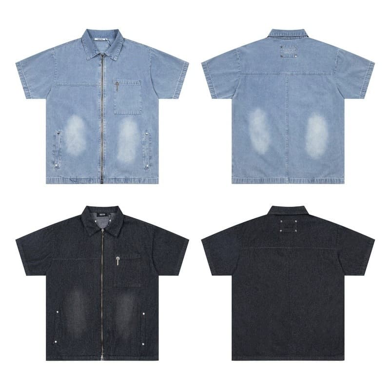 trapstar beauty trend new retro washed denim shirt loose simple versatile zipper casual short-sleeved shirt