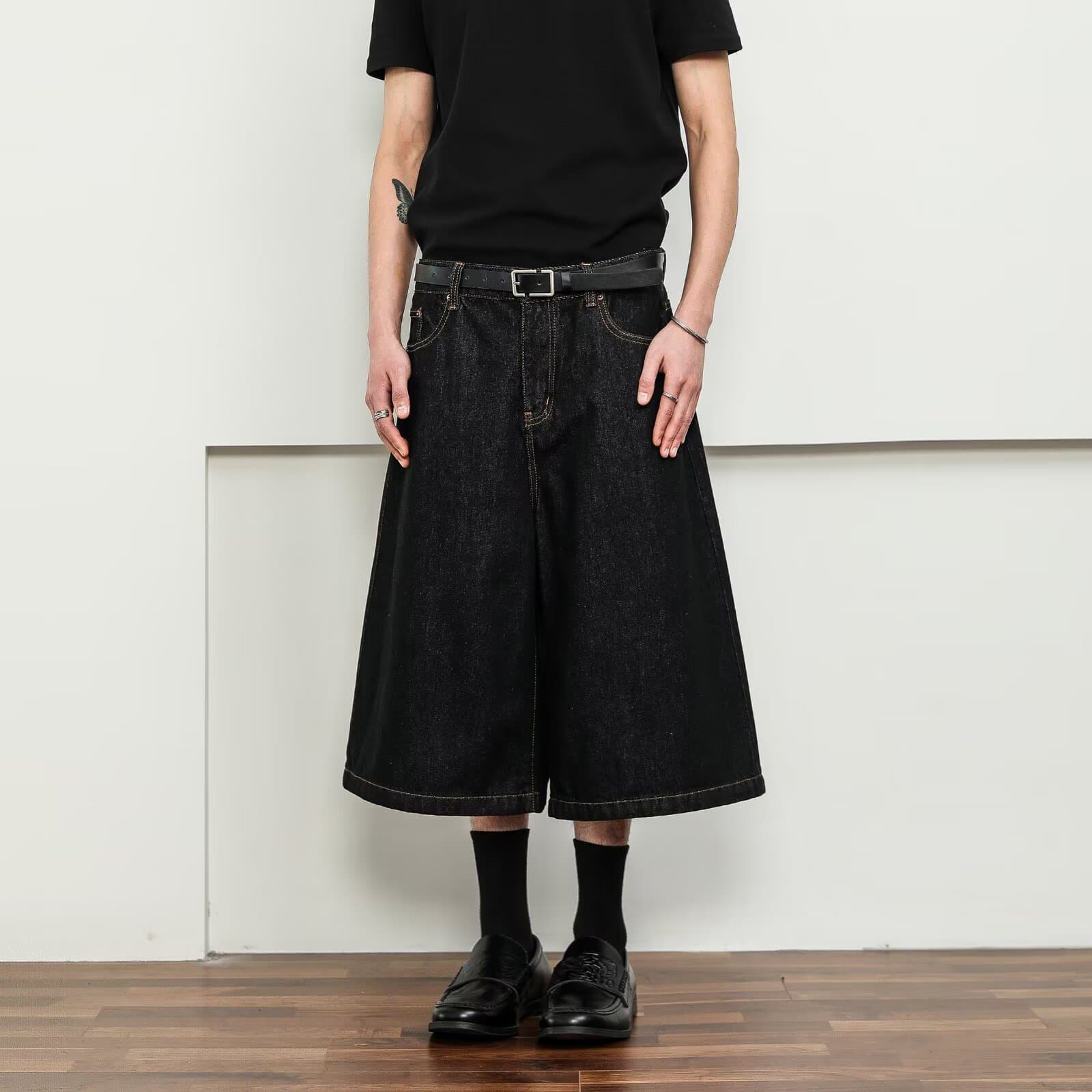 Old Money Style Elegant Retro Black Raw Denim Cropped Baggy Personality Men's Jeans Summer Loose Straight Leg