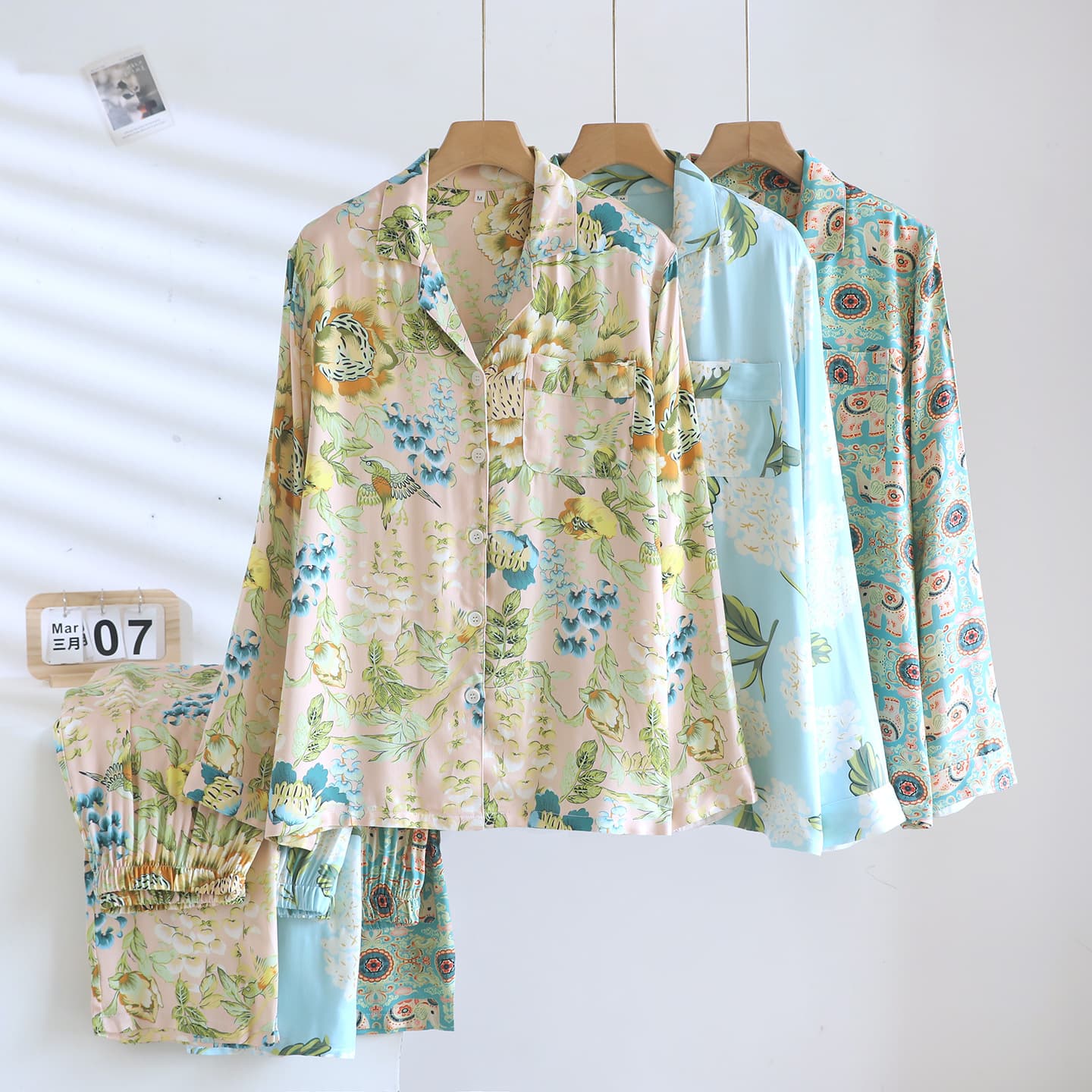Digital Print Sateen Cotton Silk Women's Pajamas Long Sleeve Long Pants Set Loungewear Spring/Autumn Summer Thin Ice Silk