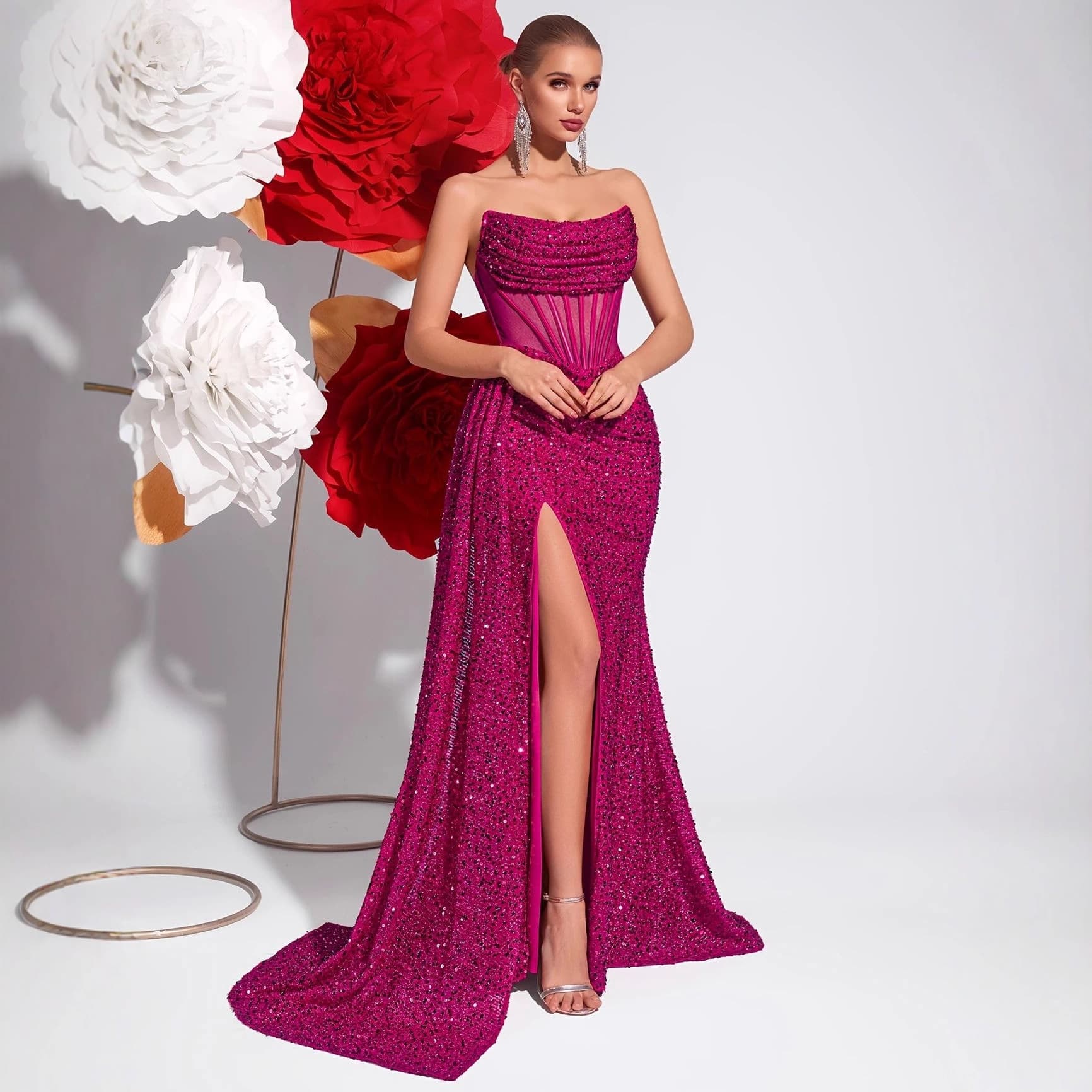 European and American Cross-Border Fashion Sequin Evening Dress Side Slit Sexy Fashion Small Train Long Dress