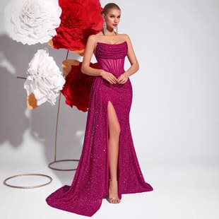 European and American Cross-border Fashion Evening Dress with Sequin Side Slit Sexy Small Train Long Dress Bridesmaid Gown