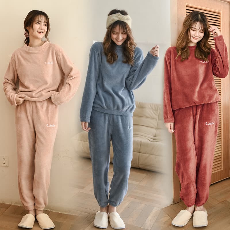 Coral Fleece Pajamas Women Plus Size Winter Flannel Fleece Lined Thickened Casual Homewear Warm Set