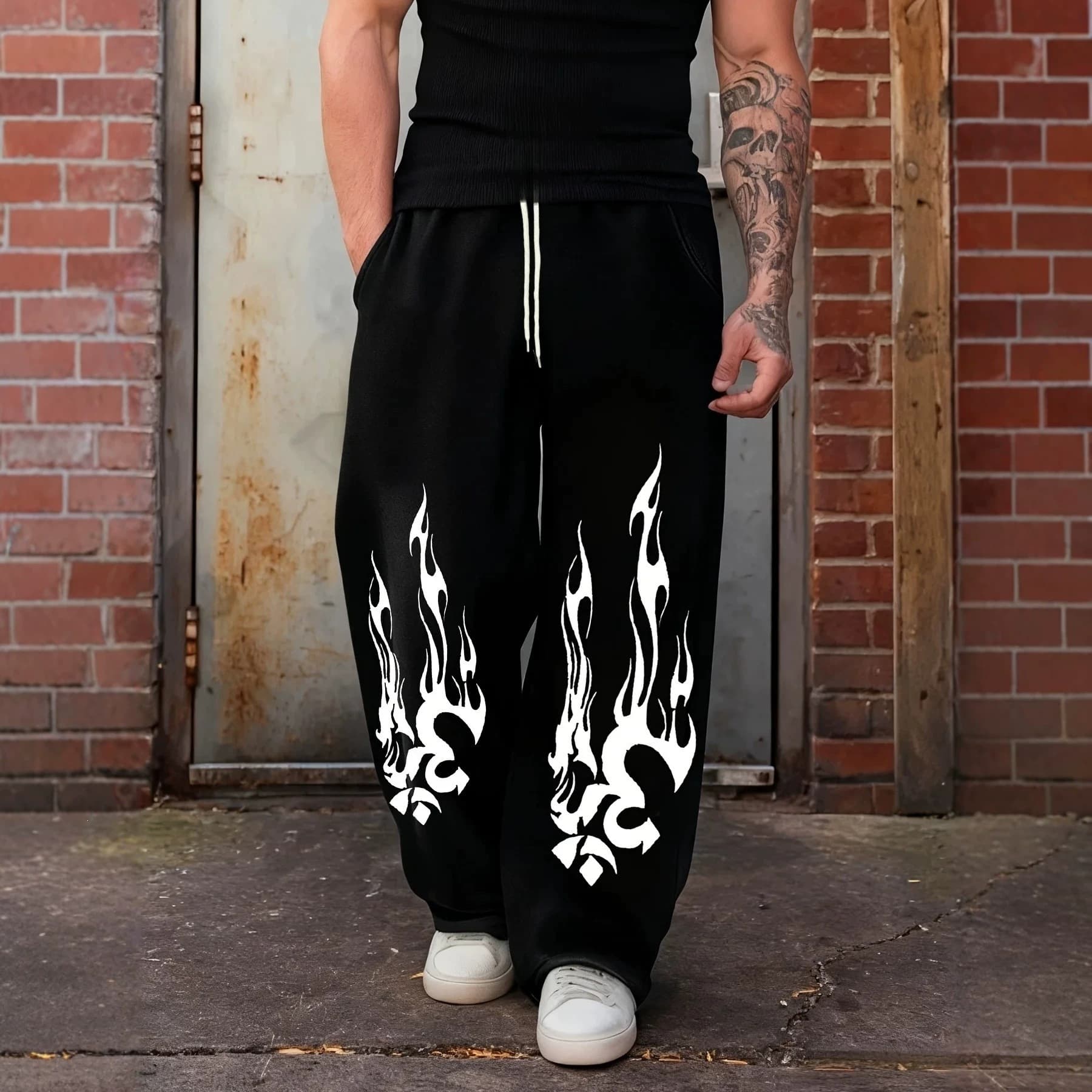 Gothic Dark Style Men's Casual Jogger Pants Fashion Trendy Long Printed Wide Leg Pants