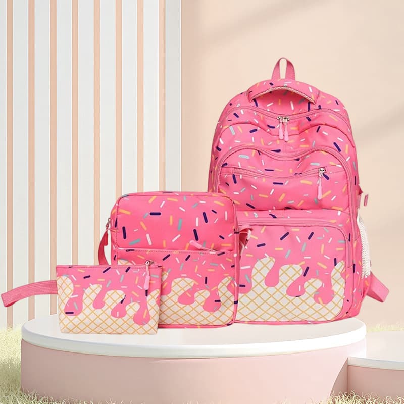 New Cross-border Ice Cream Backpack Three-piece Set Student School Bag Women's Large Capacity Trendy Backpack