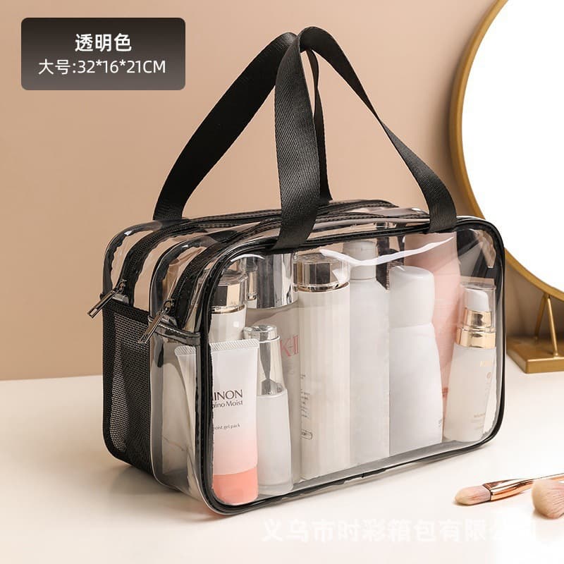 Extra-large double-layer waterproof makeup bag, transparent wet/dry separation toiletry case, dedicated travel cosmetic organizer