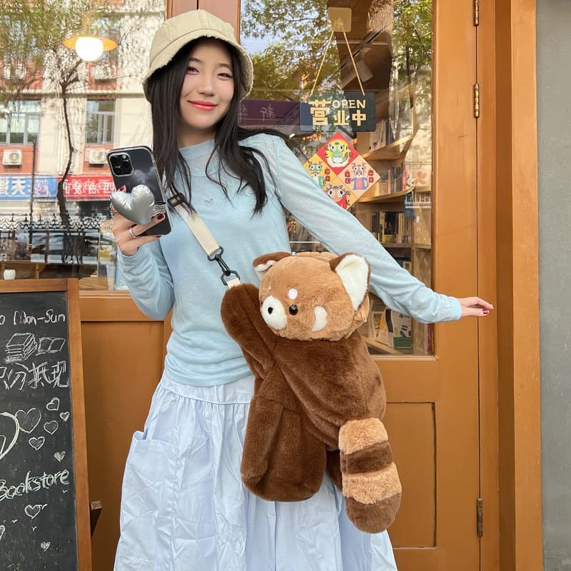Forest Style Raccoon Plush Crossbody Bag Cute Stuffed Animal Shoulder Bag Doll Toy Bag Cartoon Bag Ins Japanese Style