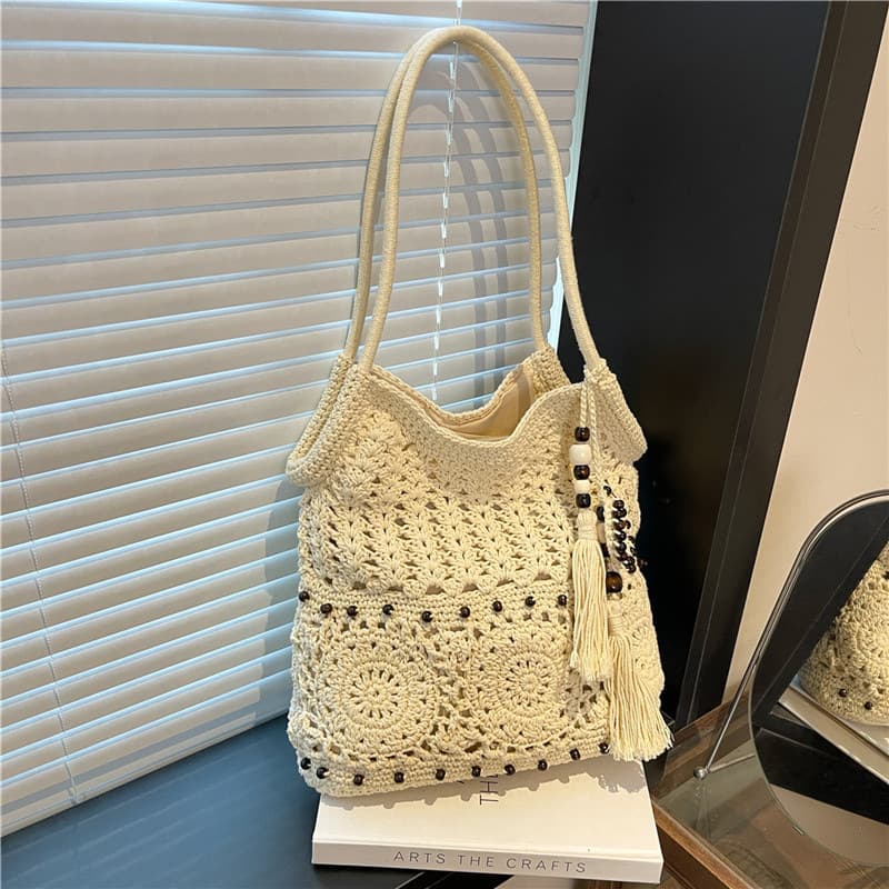 Ins-Style Artistic Handmade Cotton Woven Bag for Women, Beach Vacation Shoulder Bag, Underarm Tote Bag, Casual Beach Bag