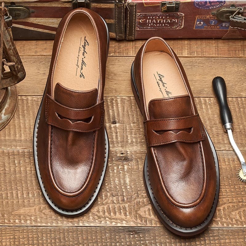 British penny Loaf toe-layer cowhide bean shoes handmade men's slip-on slip-ons casual leather shoes