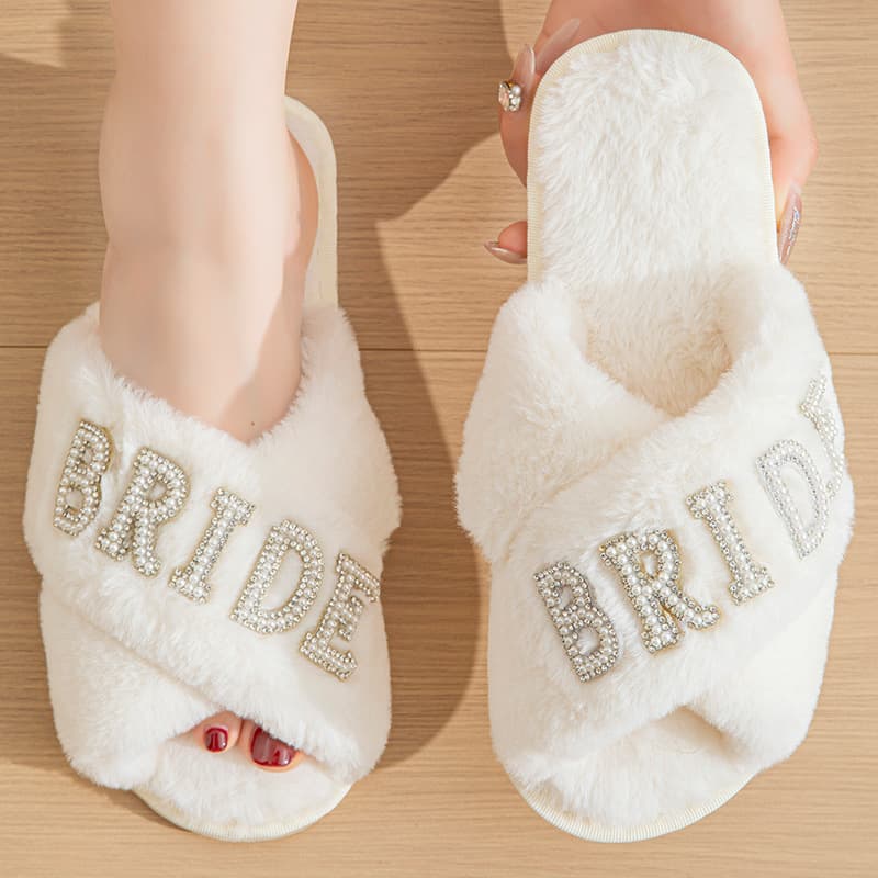 Cross-Border Popular Pearl Letters Bride/Bride Bridal Plush Cross Slippers Wedding Party Home Slippers