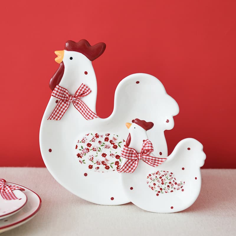 Ins Red Floral Chicken Ceramic Plate Dessert Plate Breakfast Plate Afternoon Tea Ceramic Snack Plate Chicken-Shaped Plate Easter