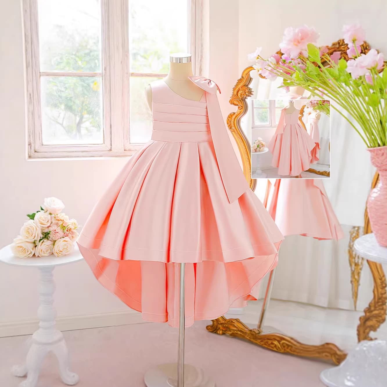 Children's Dress, Flower Girl Wedding Dress, Satin Big Bow, Cross-Border Foreign Trade, Little Girl Princess Dress, Evening Dress