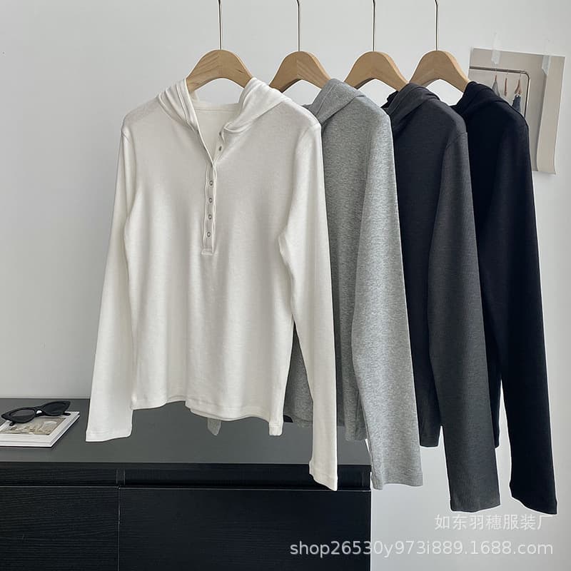 Spring Solid Color Hooded T-Shirt for Women, Simple Commuter Versatile Half-Zip Hooded Long Sleeve Thin Top Q259