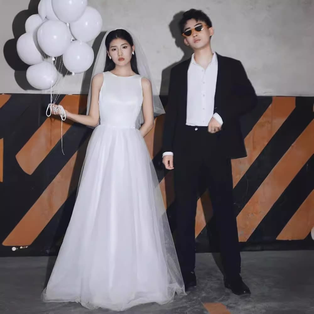Cross-border Korean-style Simple Light Wedding Dress for Bride Marriage Registration White Satin Gown Petite Maternity Floor-Length