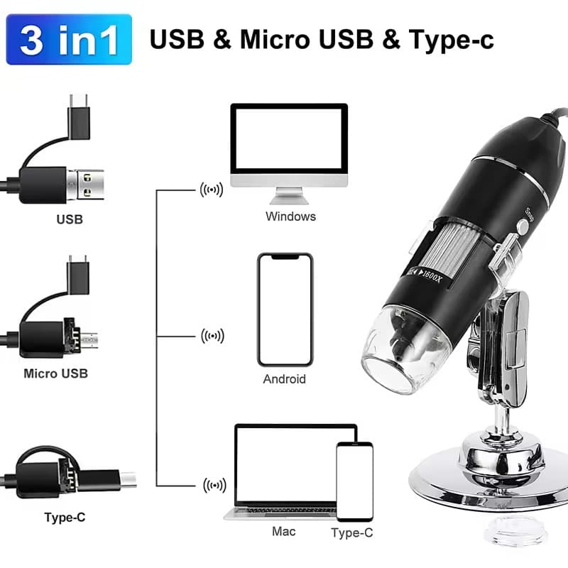 3-in-1 Microscope 1600x for Phone, Computer, and Android Type-C, Best-Selling Export Model