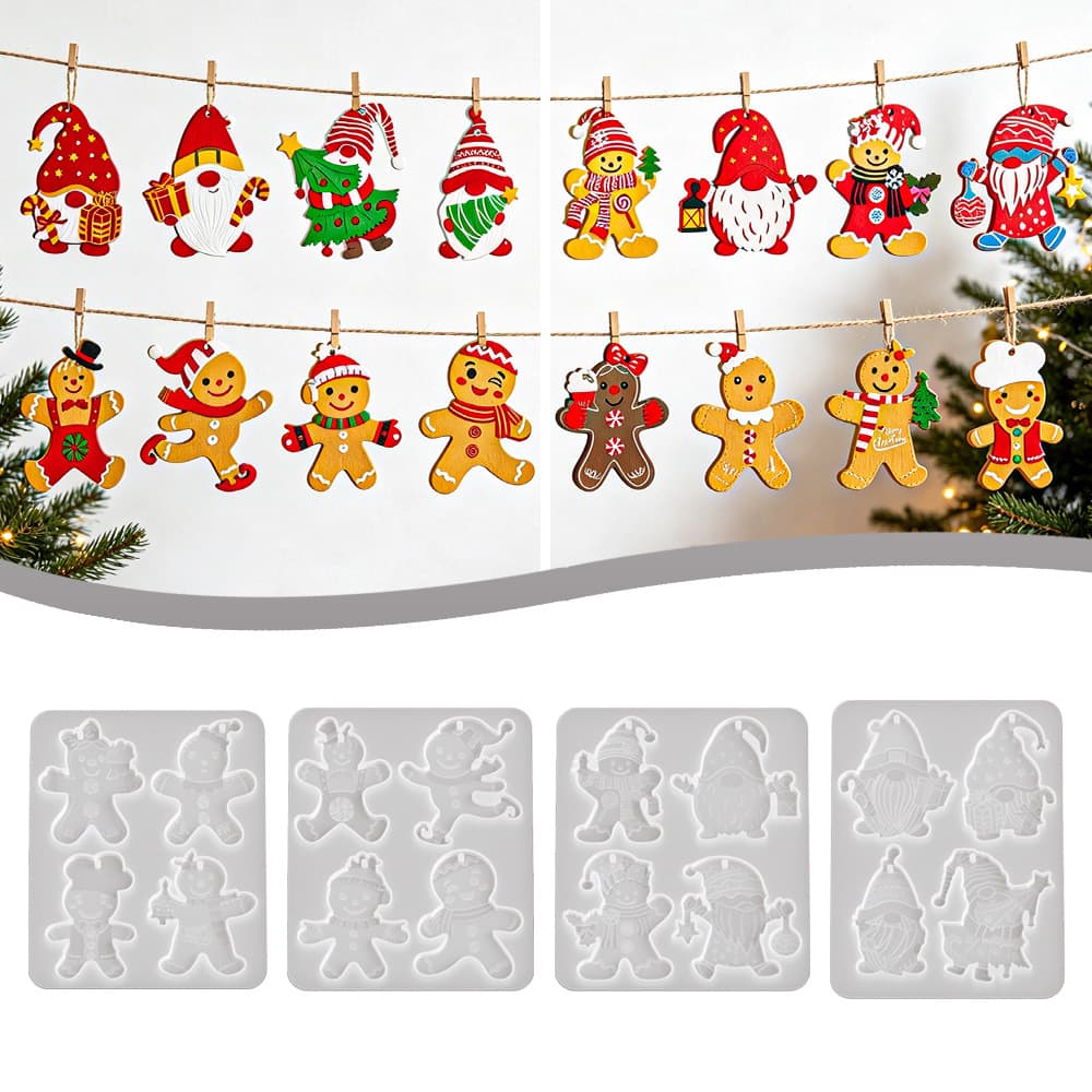 Christmas Gnome Elf Gingerbread Man Tag Silicone Mold, Four-Link Christmas Hanging Ornament Mold with Hole