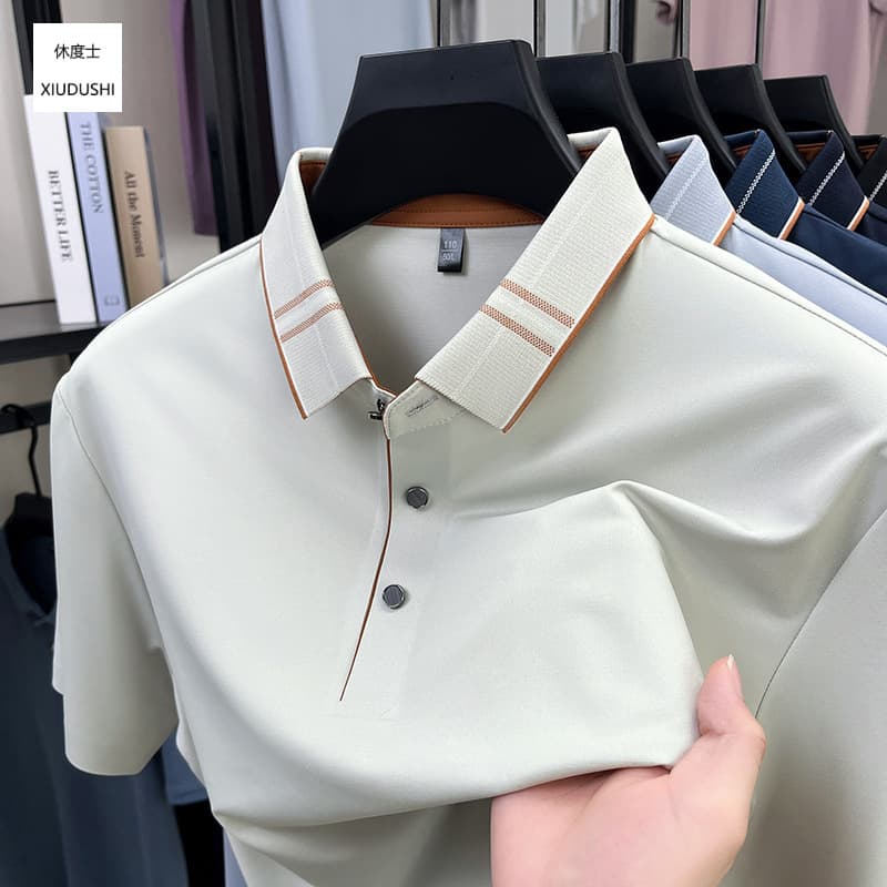 Men's Short-Sleeve T-Shirt Made of Mulberry Silk, New Summer Style with a Turn-Down Collar, Color-Blocking, Versatile Ice Silk Men's Short-Sleeve Polo Shirt