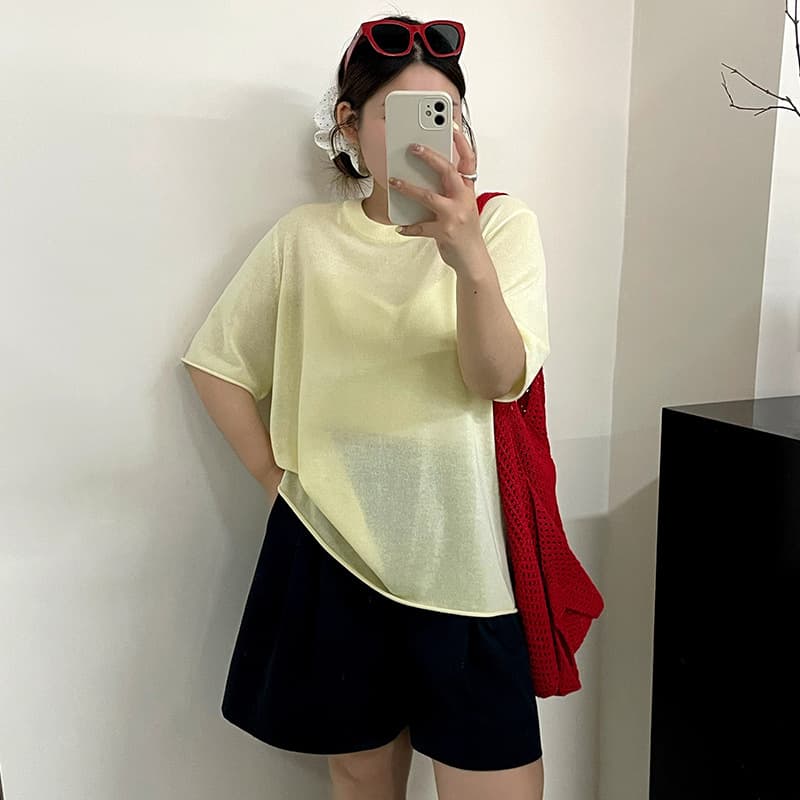 Plus Size Women's Thin Round Neck Casual Top Loose Cover-Up 2026 Summer Fat mm Knitted Short Sleeve T-Shirt 23997