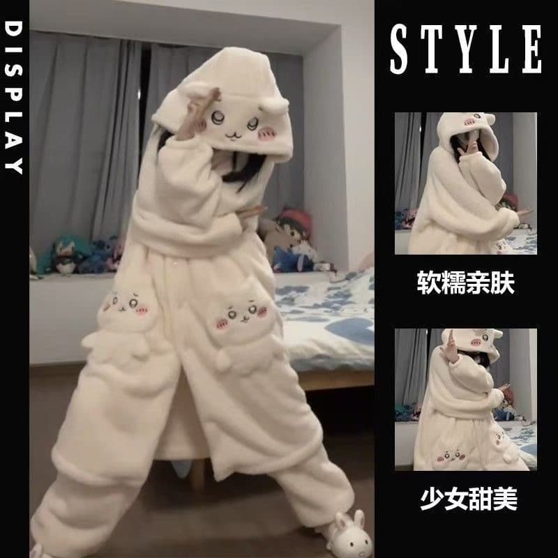 Chiikawa Winter New Thickened Fleece Robe Cute Cartoon Long Coral Fleece Pajamas Women's Homewear