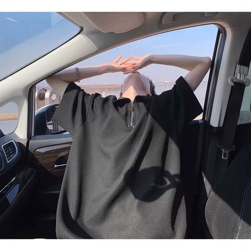 Streetwear Half Zip Waffle T-Shirt Summer New Square Shoulder Half Sleeve Versatile Loose Polo Shirt Short Sleeve Men's Shirt