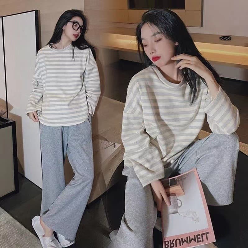 Pajamas Cross-border Simple Casual Round Neck Long Sleeve Sleepwear Women Striped Cute Girl Loungewear Loose Two-Piece Set