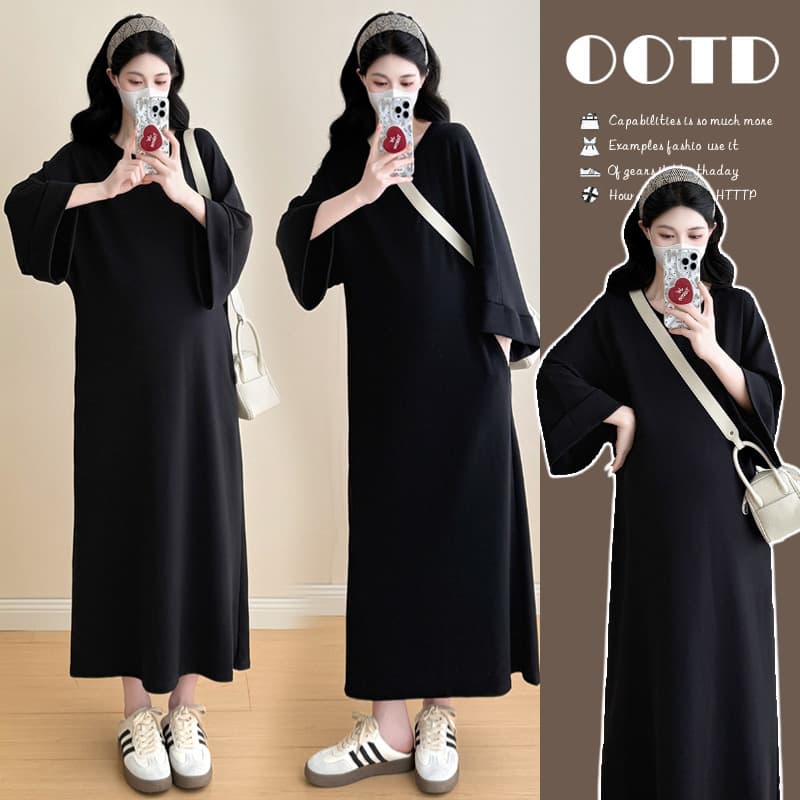 Maternity Dress 2025 New Spring Autumn Korean Loose Three-Quarter Sleeve Hepburn Style Black Long Dress