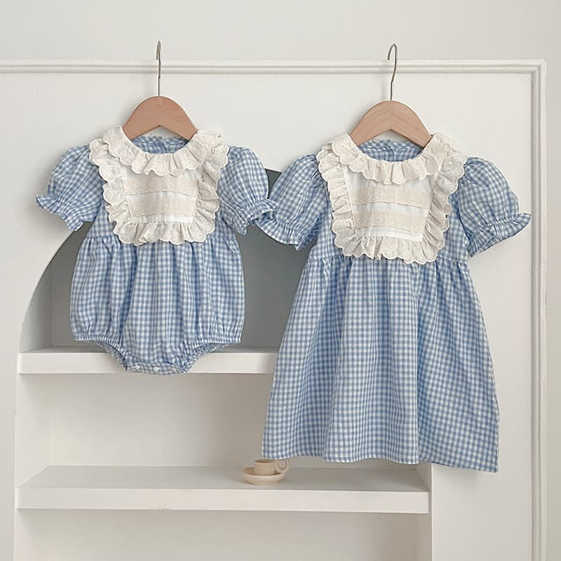 Summer Korean-style Baby Baby Plaid Lace Collar Pouting Hayi Climbing Dress Girl's Dress One Big and One Small Sisters