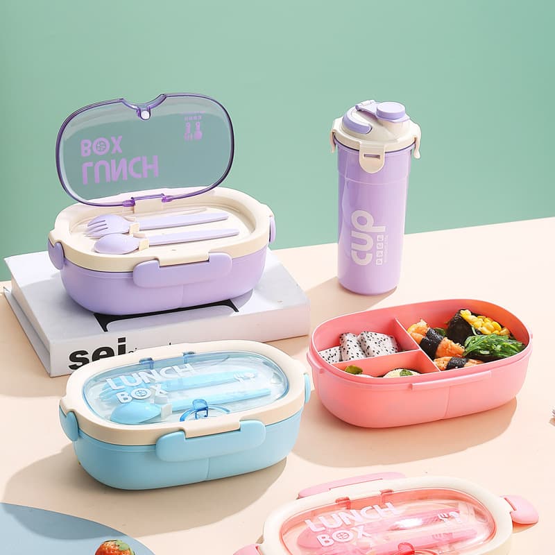 Oval simple lunch box water cup set student lunch box compartment office worker portable take-out lunch box with tableware
