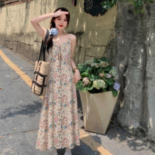 Plus Size Women's Summer Floral Print Camisole Dress for 130-300 lbs, French Vacation Style, Slimming Long Dress