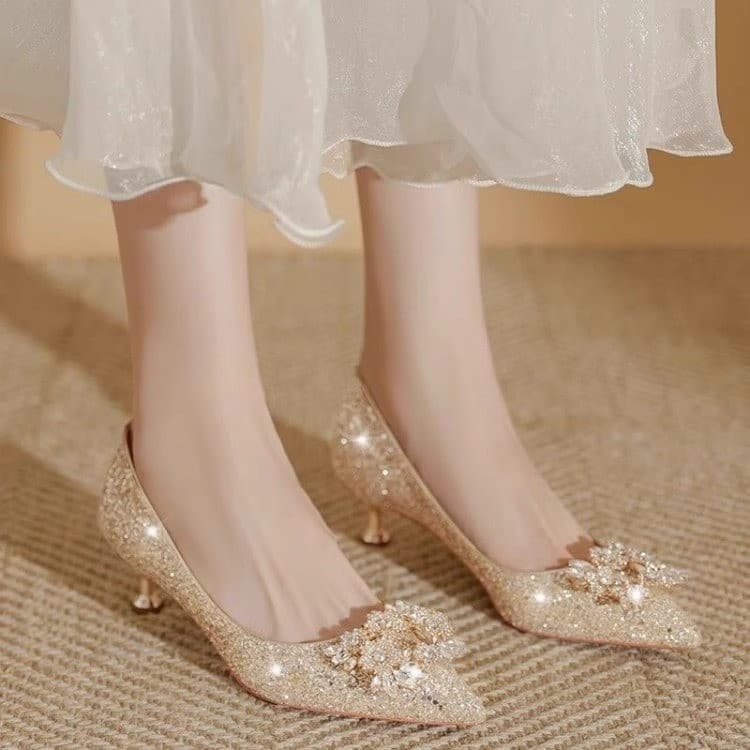 Crystal Wedding Shoes for Women 2025 New Style Xiuhe Main Wedding Dress Bridal Shoes That Are Not Tiring for Feet Champagne Color Wedding Stiletto High Heels