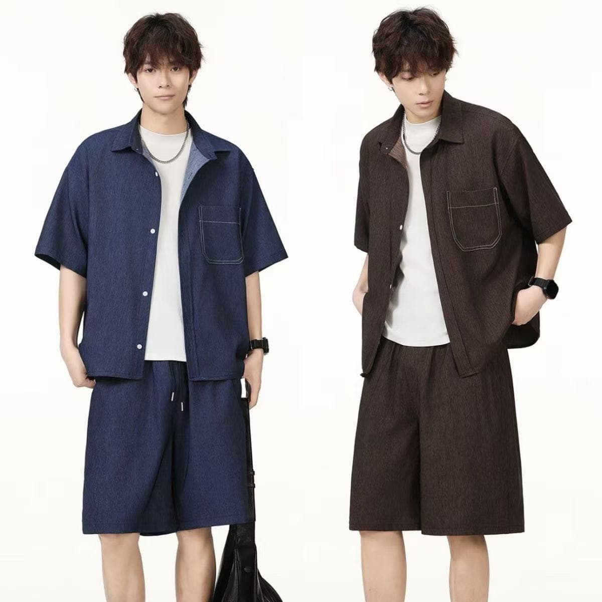 New Summer Ice Silk Denim-Like Short Sleeve Shirt and Shorts Set for Men, Casual High-End Loose Two-Piece Trend