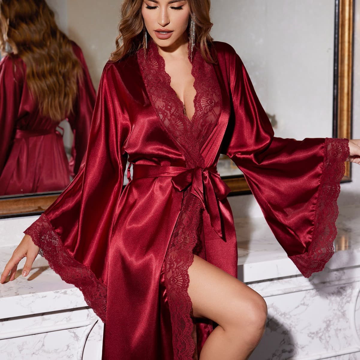 New Cross-Border Luxury Long Sleeve Lace Women's Sleepwear Bathrobe Homewear Lightweight Silk Feel Sexy Sleep Dress