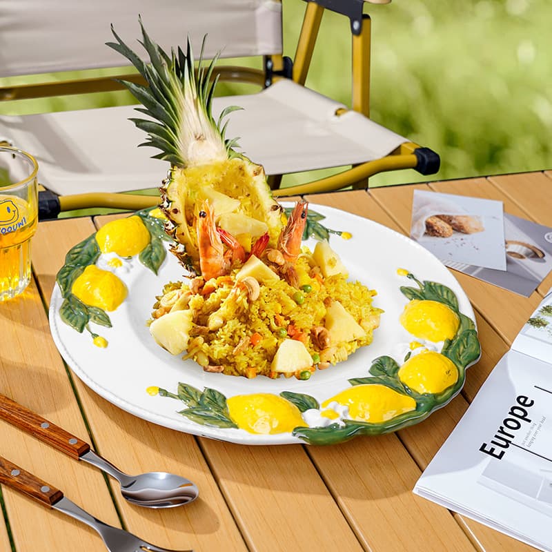 Nordic Creative Lemon Embossed Ceramic Large Dinner Plate, High-Aesthetic Restaurant Plating Plate for Food Styling, Restaurant Large-Serving Dish
