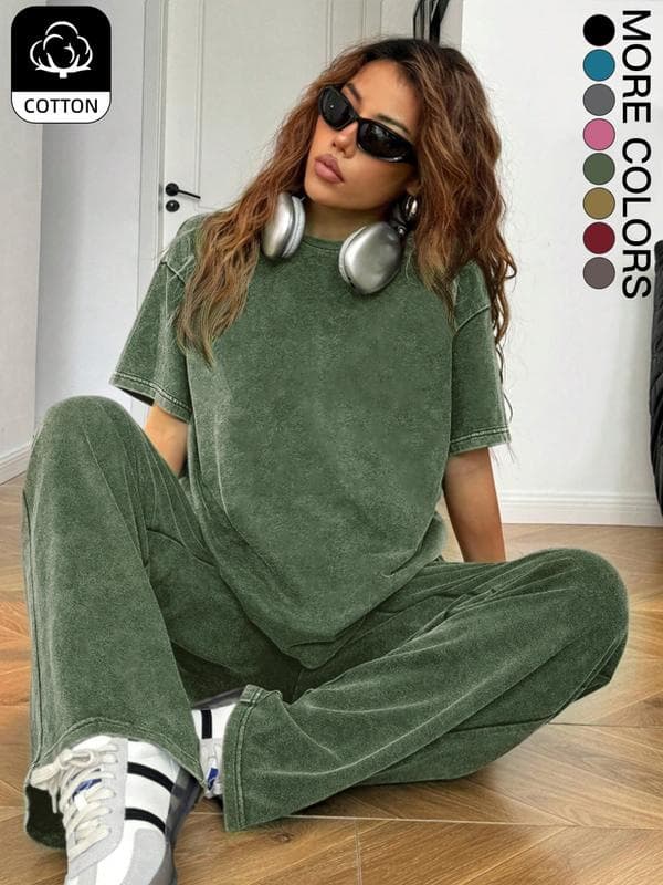 Cross-border European and American temu summer popular short-sleeved T-shirt and trousers two-piece set, trendy old-fashioned personalized casual suit for women