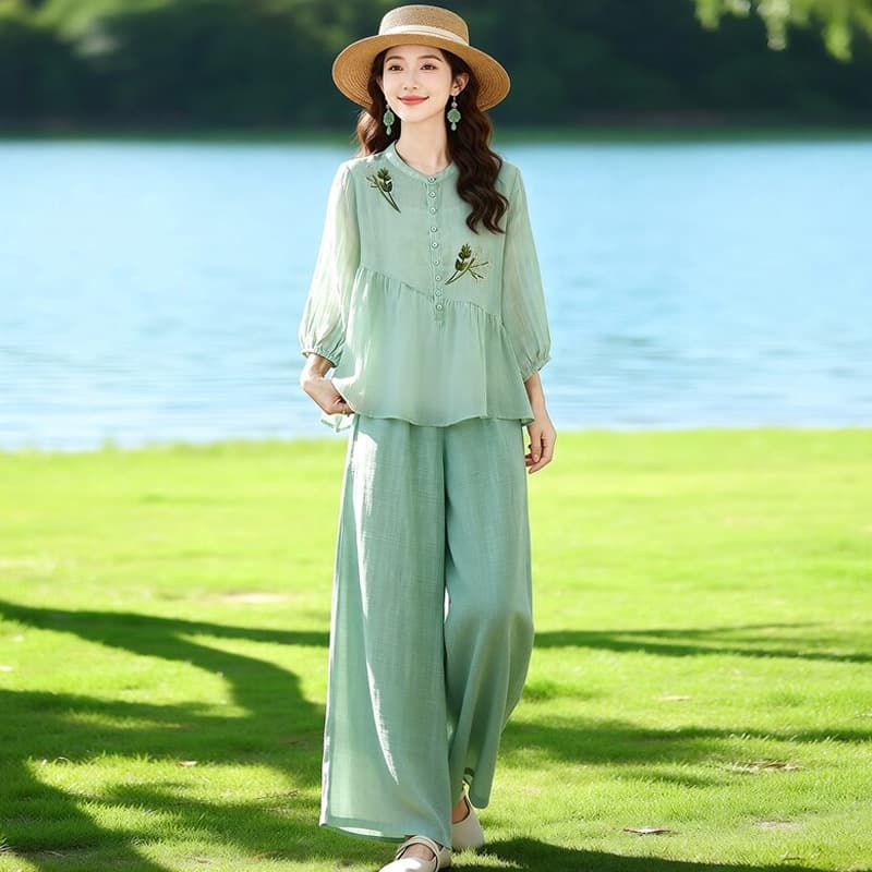 Fashion Casual Loose Suit Set for Women, 2026 Summer New Mint Green Embroidery Three-Quarter Sleeve Shirt and Wide Leg Pants Two-Piece Set