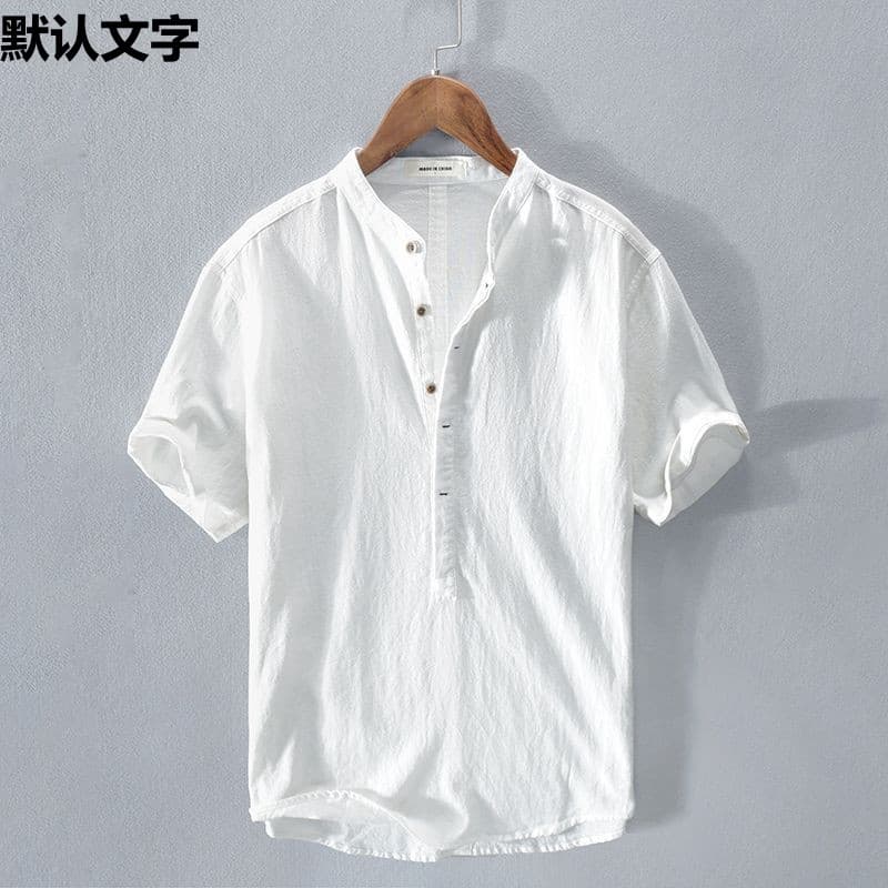 Japanese Vintage Cotton Linen T-Shirt for Men, Summer Linen Short-Sleeve T-Shirt, Chinese Style White Polo Shirt with Collar