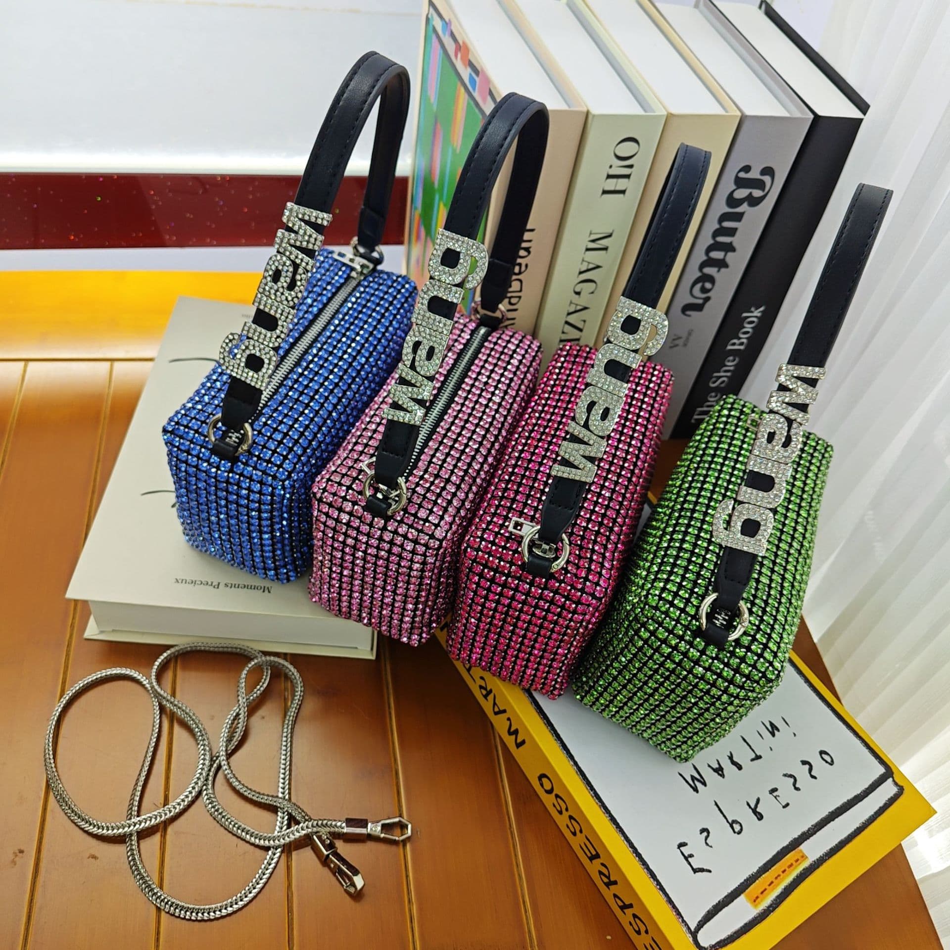 Fashionable Full Drill Colorful Rhinestone Ladies Handbag Evening Bag Underarm Small Square Bag Versatile Soft Polyester Lining