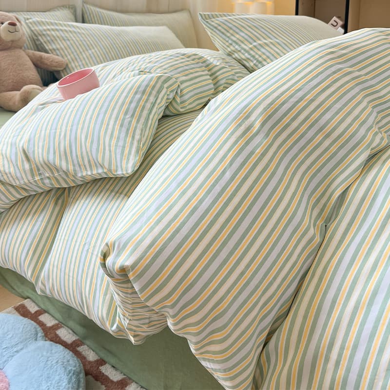 Simple Striped 4-Piece Bedding Set, 100% Pure Cotton, Student Dormitory Fitted Sheet Duvet Cover Set, Single 3-Piece Bed Sheet Style